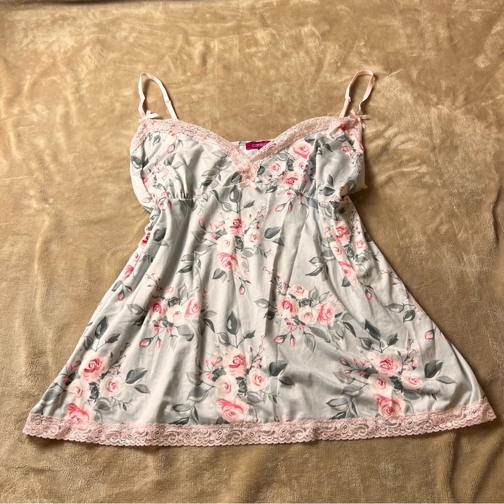 CARISMA Pink and Blue Floral Sweetheart Babydoll Camisole with Lace Trim
